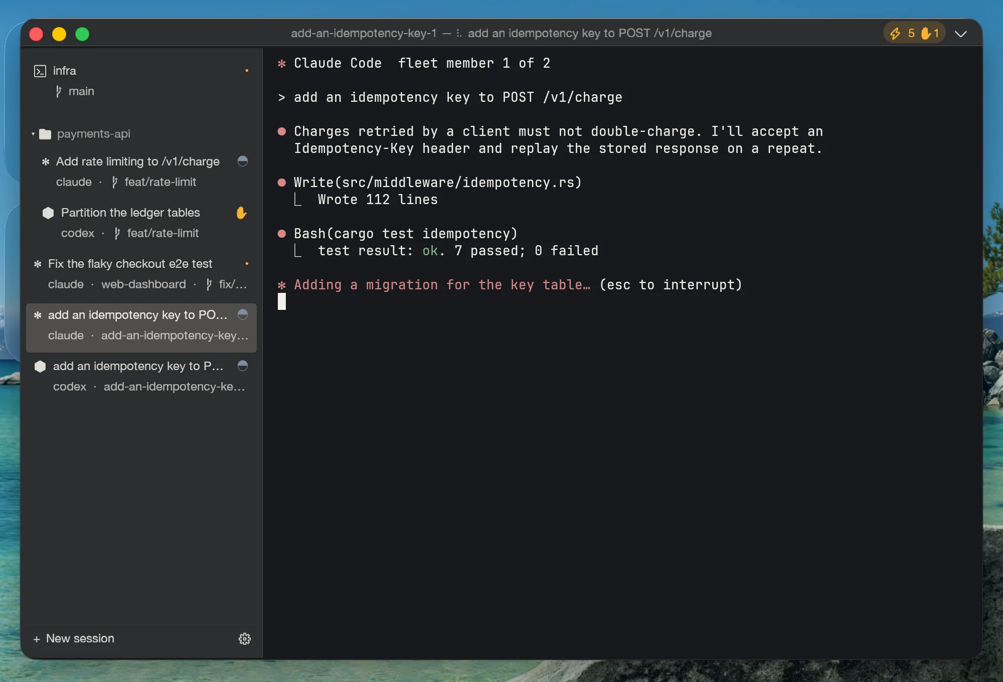 A fleet: Claude and Codex working on the same task in separate worktrees