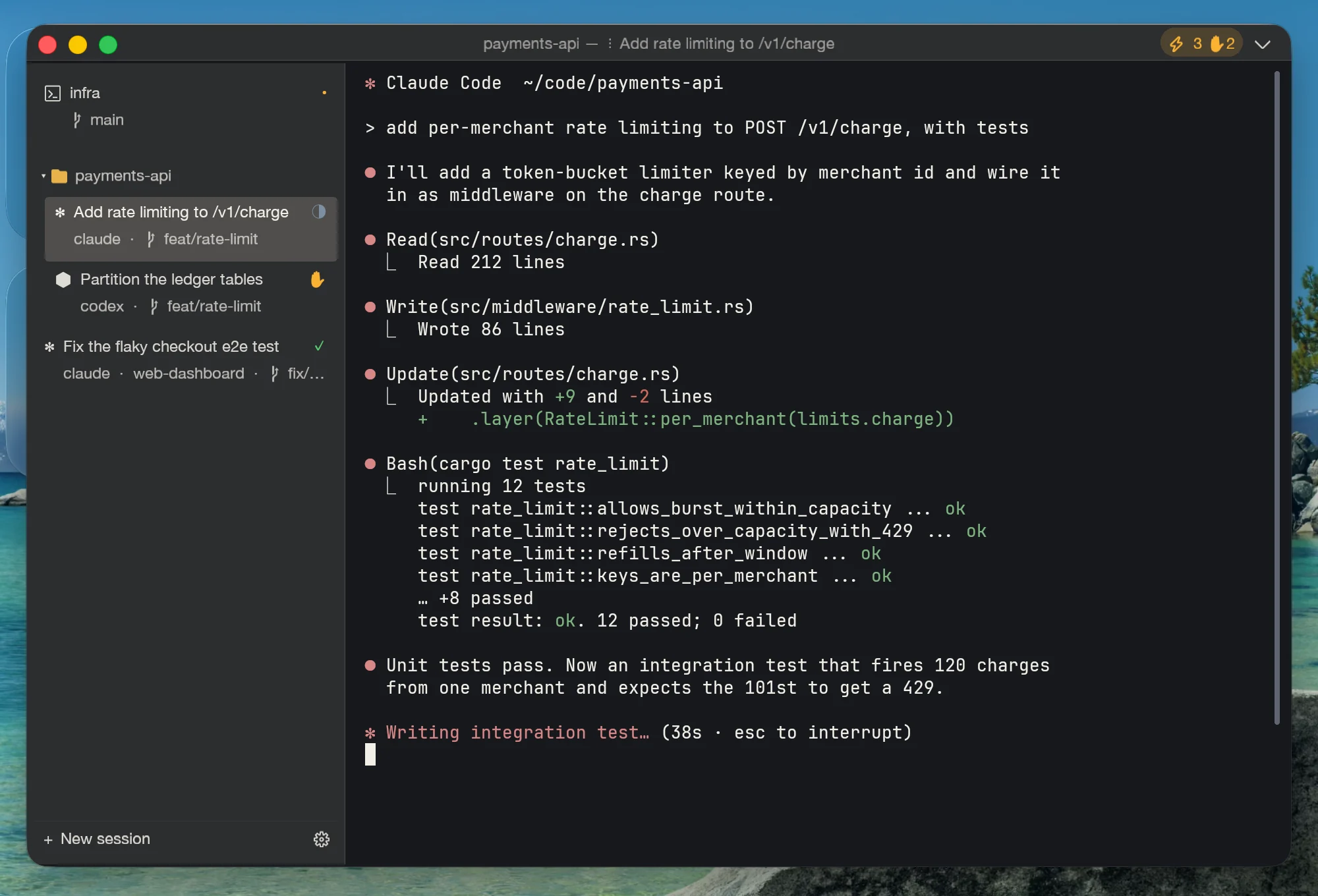 Unterm with three coding agents: one adding rate limiting, one waiting for approval, one finished