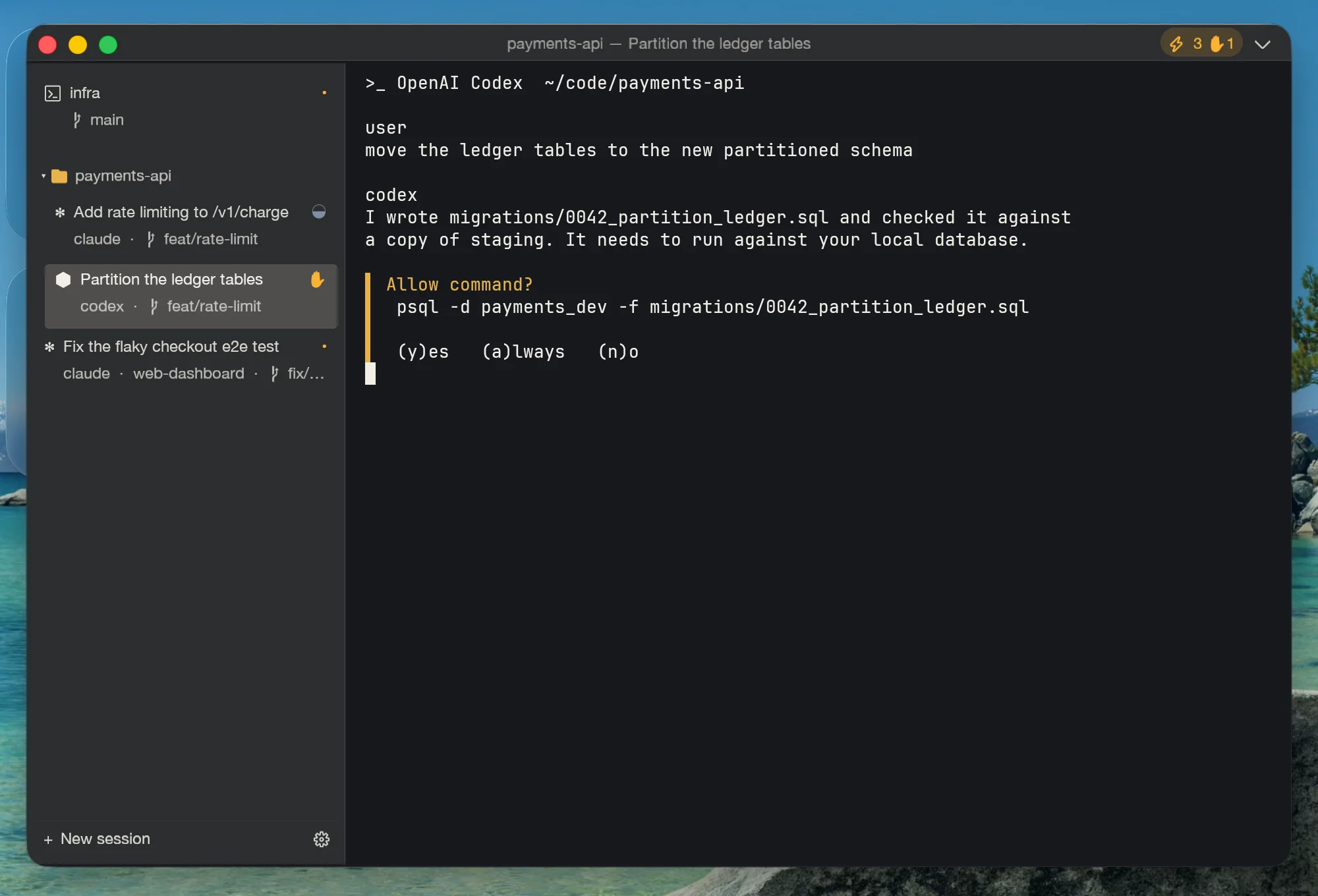 Jumping to Codex, which is asking to run a database migration